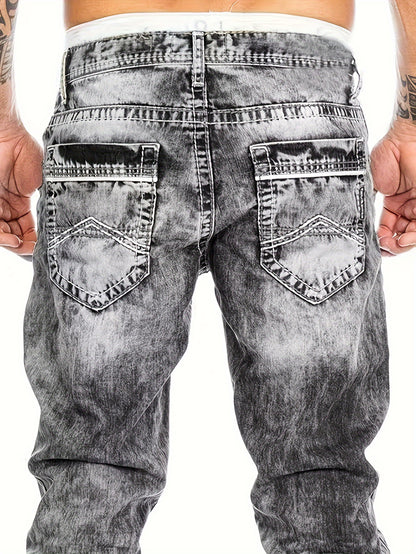 Men's Slim-Fit Straight-Leg Distressed American Snowflake Jeans - Vintage Wash Blue Denim Pants with Snowflake Pattern, Streetwear Style All-Season Casual Wear, Durable Fabric & Hand Washable