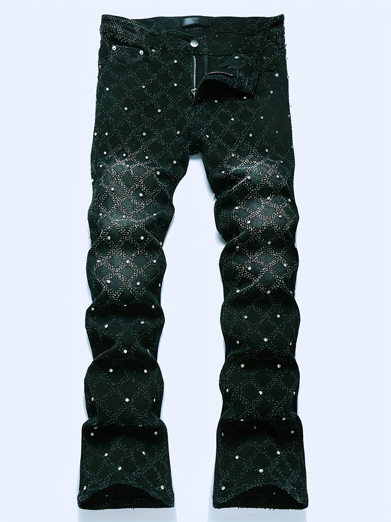 Y2K Men's Shiny Rhinestone Embellished Stretch Slim-Fit Jeans, Casual Street Style Hip-Hop Skateboarding Rap Pants, Machine Washable - All-Season Wear