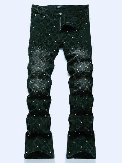 Y2K Men's Shiny Rhinestone Embellished Stretch Slim-Fit Jeans, Casual Street Style Hip-Hop Skateboarding Rap Pants, Machine Washable - All-Season Wear