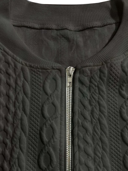 Plus Size, Plus Size Zip Up Textured Solid Jacket, Casual Long Sleeve Outerwear for Fall & Spring, Women's Plus Size Clothing