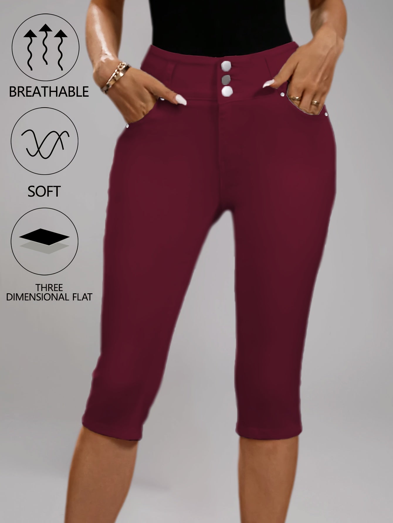 [High-Waisted Stretch Capri] Women's Deep Red High-Waisted Stretch Capri Pants Triple Row Button Fly with Metal Rivet Accents Booty Lifting Design 7/8 Length Cropped Jeans High Elasticity Soft Comfortable Machine Washable Versatile Wardrobe Essential for