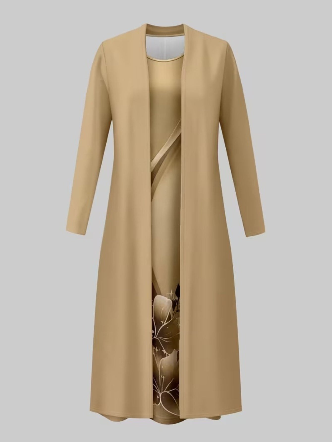 2pcss Set, Vest Style Dress+Long Sleeved Jacket Cardigan, Women'S Fashionable Dress Set, Floral Print Dress Cardigan Top Paired with Waist Cinching Long Skirt 2pcss Set, Elegant Temperament, Suitable for Wearing on The Street