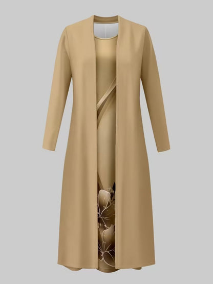 2pcss Set, Vest Style Dress+Long Sleeved Jacket Cardigan, Women'S Fashionable Dress Set, Floral Print Dress Cardigan Top Paired with Waist Cinching Long Skirt 2pcss Set, Elegant Temperament, Suitable for Wearing on The Street