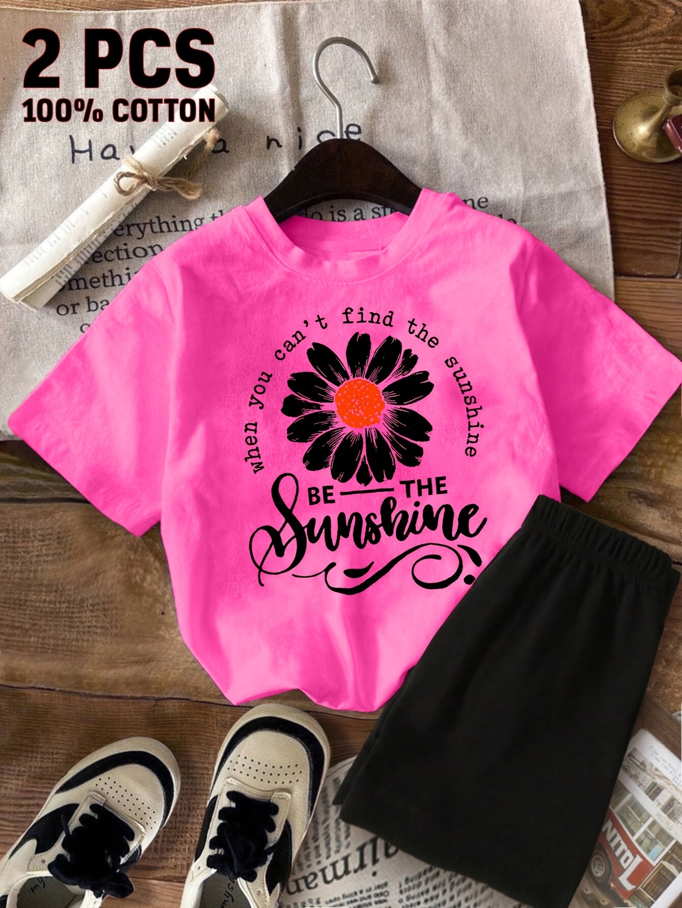 2pcss New Summer Girl When You Can'T Find The Sunshine, Be The Sunshine Short-Sleeved 100% T-Shirt And Shorts 2pcs Set Perfect for Outdoor Activities