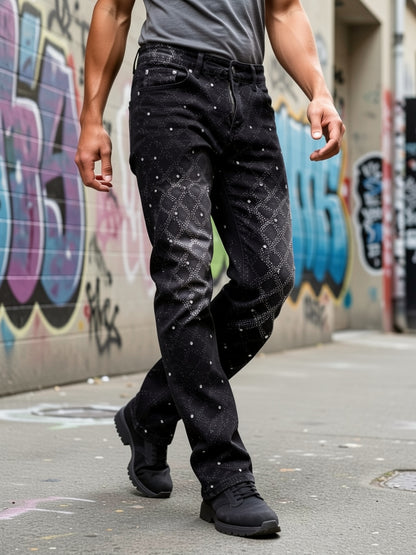 Y2K Men's Shiny Rhinestone Embellished Stretch Slim-Fit Jeans, Casual Street Style Hip-Hop Skateboarding Rap Pants, Machine Washable - All-Season Wear