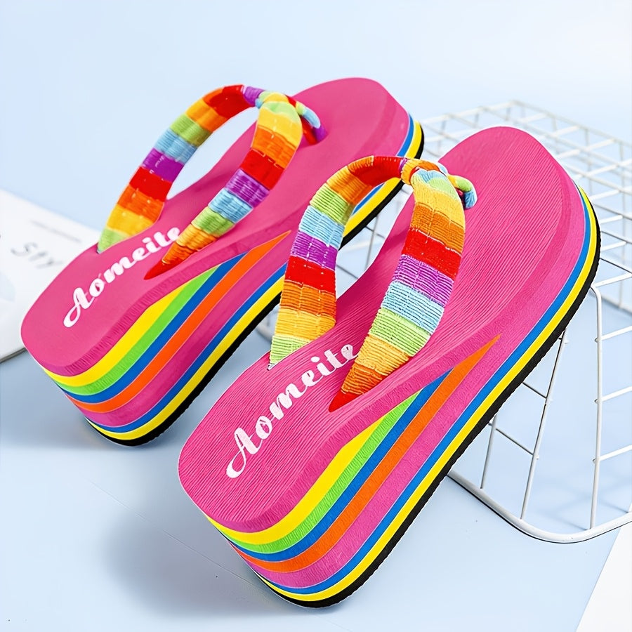 Women'S Summer Beach Flip Flops - Comfort Thick Sole Casual Sandals, Black And Pink Rainbow Stripe, Soft TPU Material, All-Season Wear, Women Shoes
