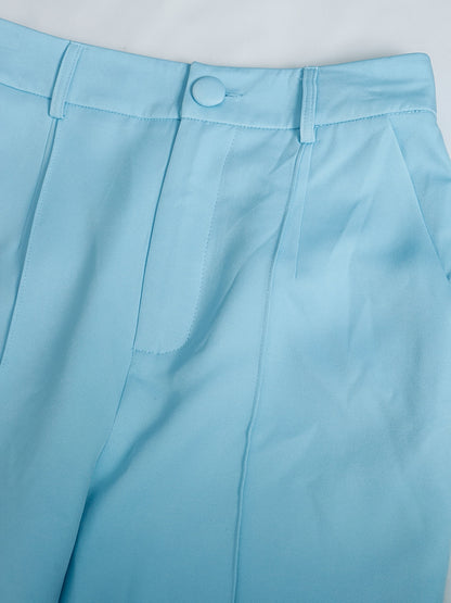 Women'S 2pcs Light Blue Suit Set, Tailored Lapel Blazer & Wide Leg Pants, Formal Business Outfit For Work Party Wedding