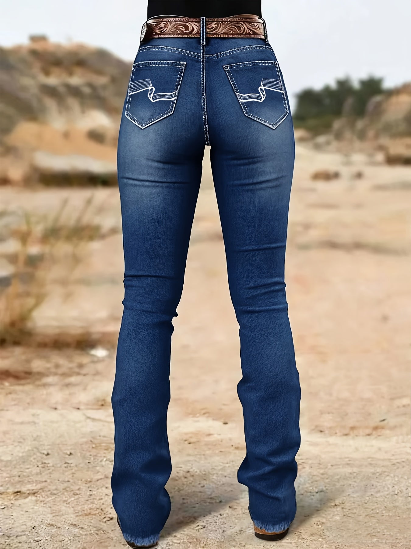 High-Waisted Bell-Bottom Jeans with a Black Irregular Pattern Embroidery on The Back Pocket, Featuring a Heavy Industry Contrast Color Wash, Cat Beard Design, And a Mature Retro Style Suitable for All Seasons