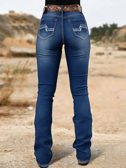 High-Waisted Bell-Bottom Jeans with a Black Irregular Pattern Embroidery on The Back Pocket, Featuring a Heavy Industry Contrast Color Wash, Cat Beard Design, And a Mature Retro Style Suitable for All Seasons