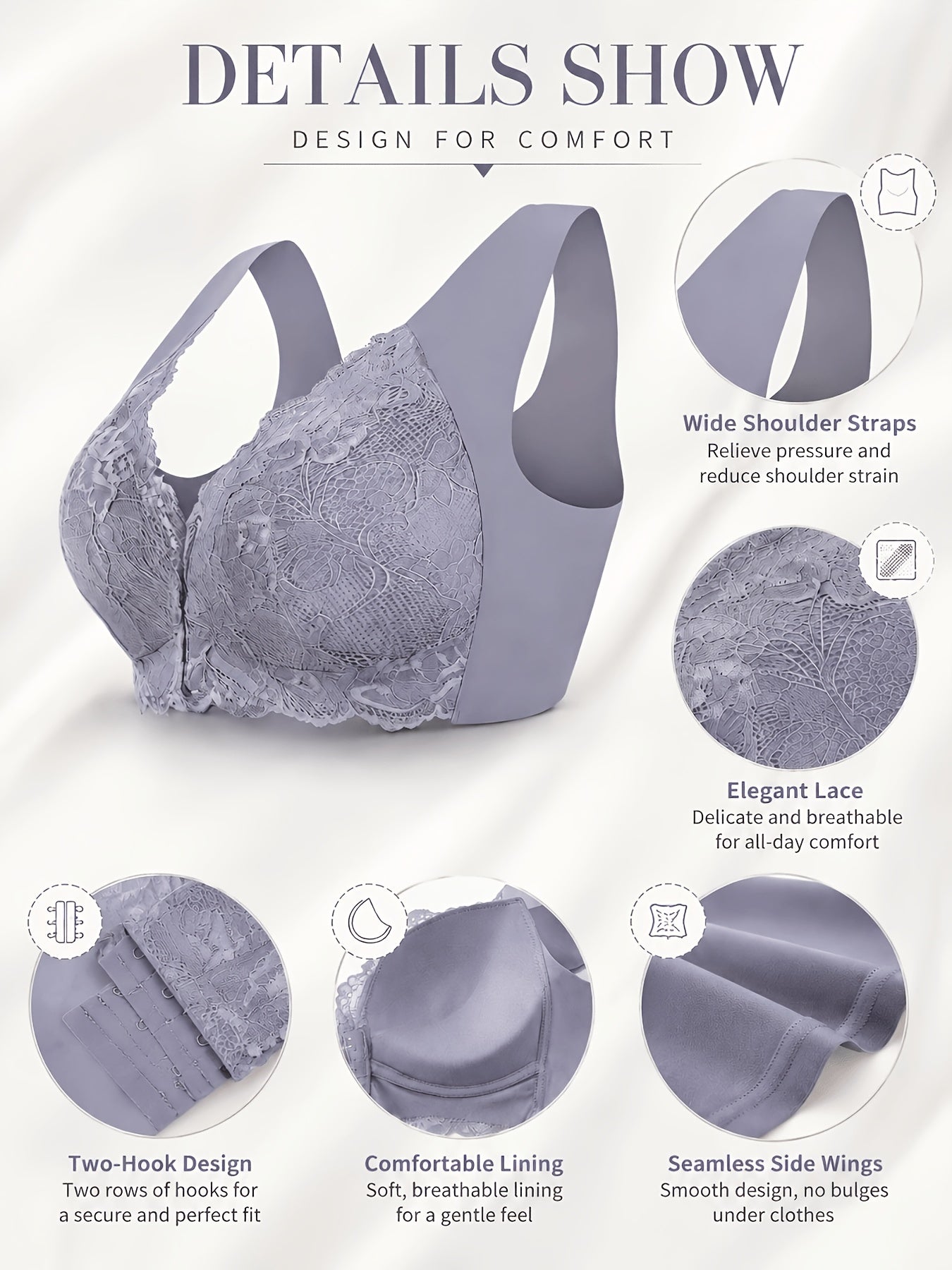 4pcs Elegant Floral Lace Push-Up Bra - Comfortable Wireless Design, Medium Support, Breathable Lining, Stylish Front Open Buckle, Wide Straps, And Jacquard Pattern - Perfect for Adult Women