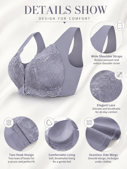 4pcs Elegant Floral Lace Push-Up Bra - Comfortable Wireless Design, Medium Support, Breathable Lining, Stylish Front Open Buckle, Wide Straps, And Jacquard Pattern - Perfect for Adult Women