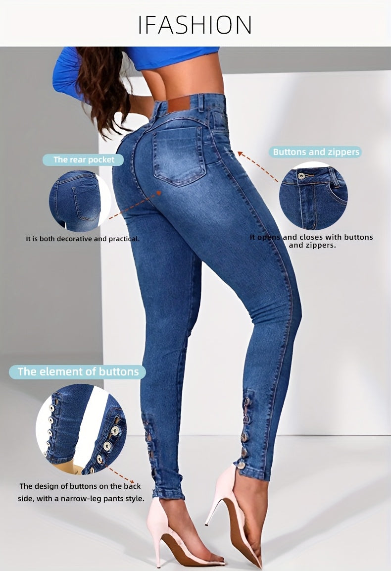 [High Waist Stretch Jeans] 2025 Spring New High Waist Stretch Jeans Women's Tight Hip Lifting Buttoned Fashion Skinny Pants Fabric Womenswear