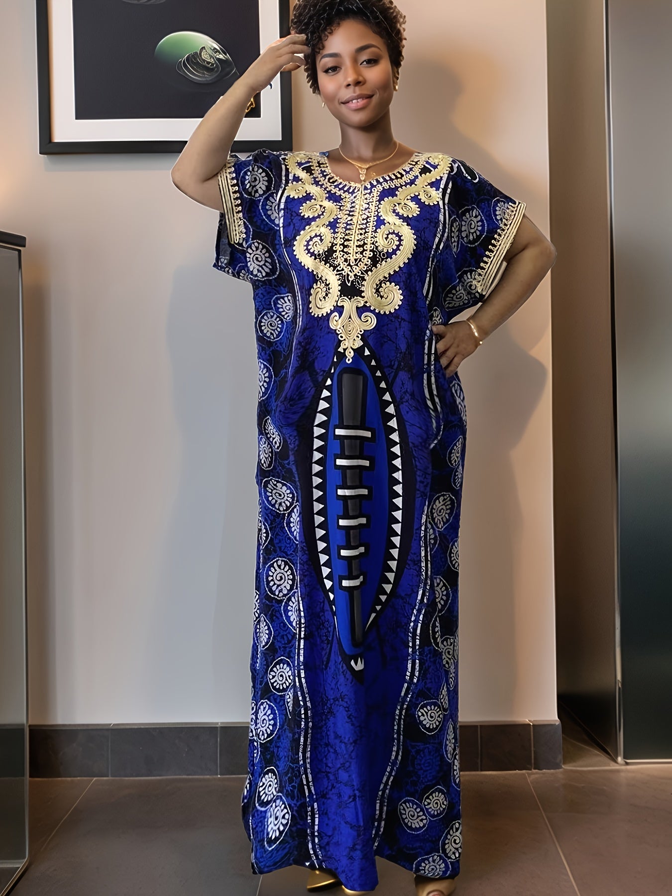 Women'S Maxi Kaftan Dress - Arabic Abaya Robe with Golden & Black Islamic Embellishments | Round Neck, Batwing Sleeves, Long Length, Embroidered Details, Machine Washable