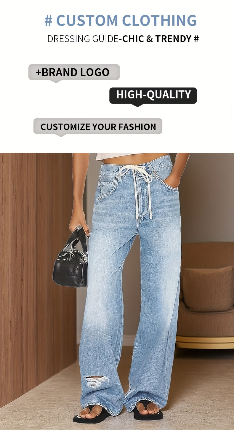 Women'S Wide Leg Mid-Waist Casual Drawstring Hollowed Out Jeans with Pockets, Comfortable And Versatile, Casual And Fashionable, Very Suitable for Work, Travel, Shopping And Daily Wear
