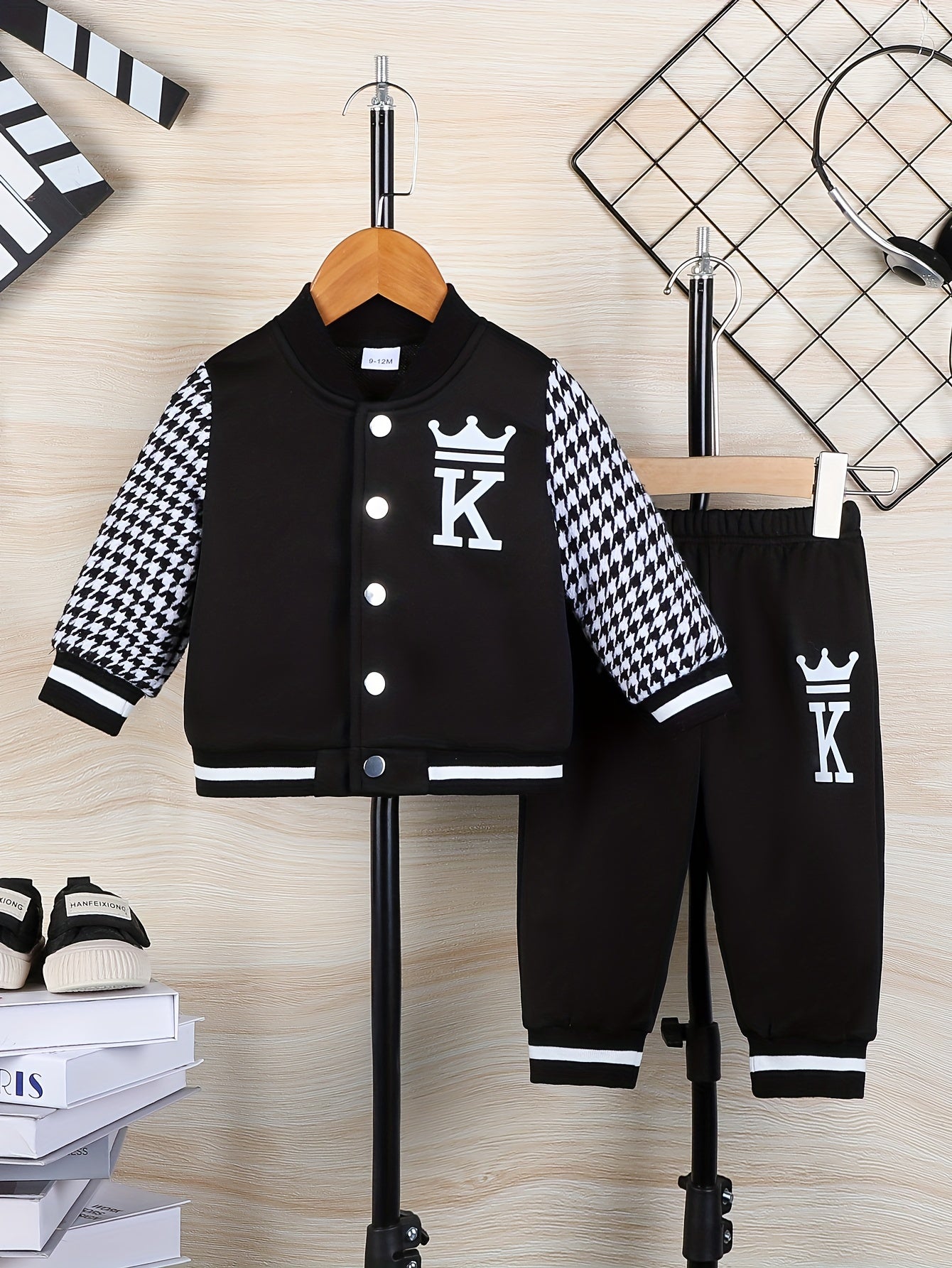 Toddler Boy's 2pcs Set, Crown Letter K Design Houndstooth Long Sleeve Jacket & Letter K Pants, Casual Comfy Set for Outdoor Activities And Daily Wear for Fall/Winter, Perfect for Outdoor