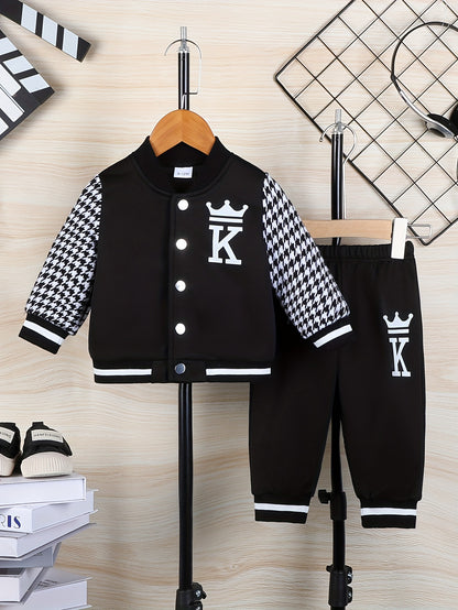 Toddler Boy's 2pcs Set, Crown Letter K Design Houndstooth Long Sleeve Jacket & Letter K Pants, Casual Comfy Set for Outdoor Activities And Daily Wear for Fall/Winter, Perfect for Outdoor
