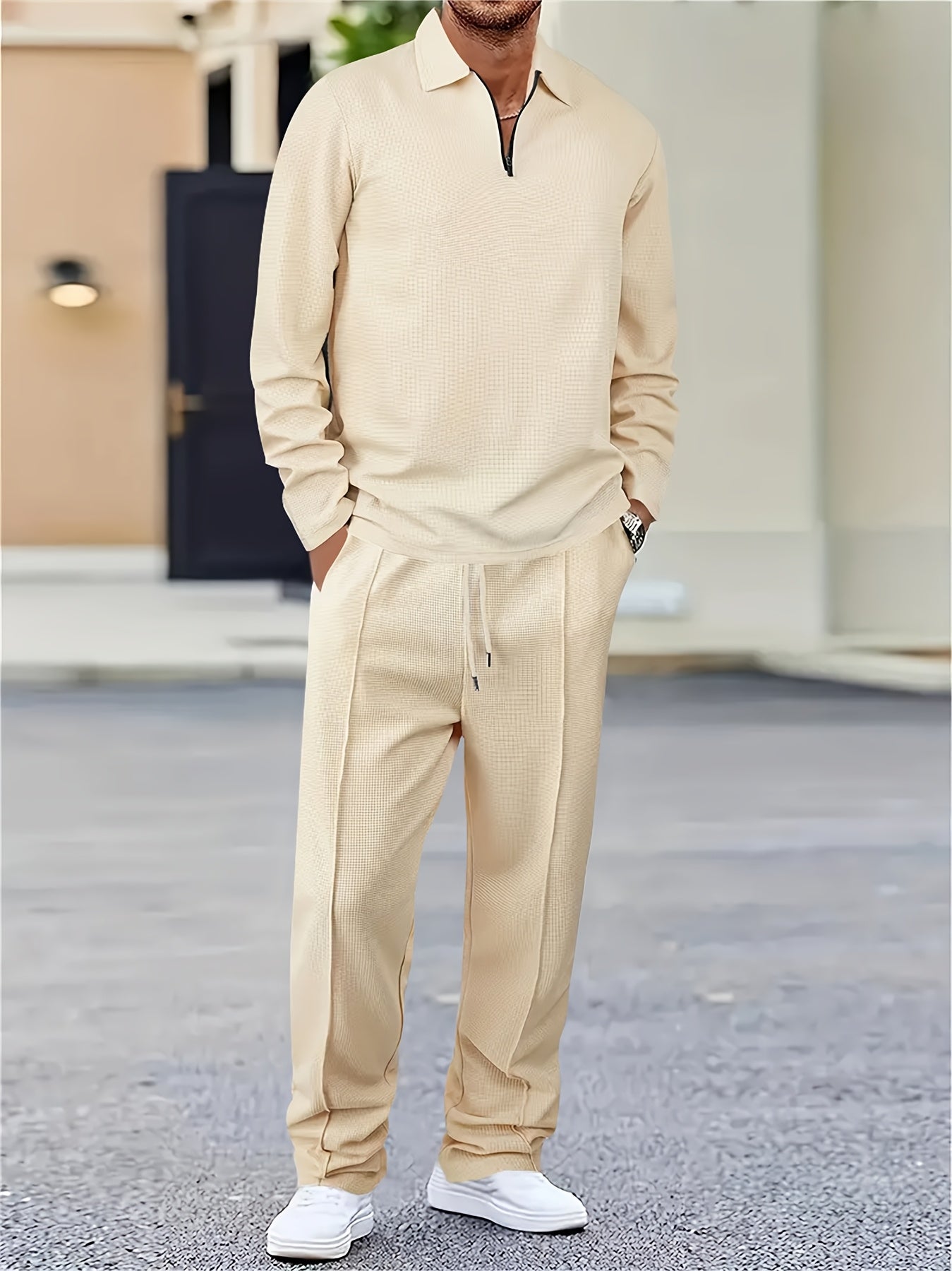 Mens 2pcs Outfits, New Spring Fall Waffle Knit Long Sleeve Top & Pants Set, Comfortable Breathable Casual Sports Tracksuit for Daily Workout