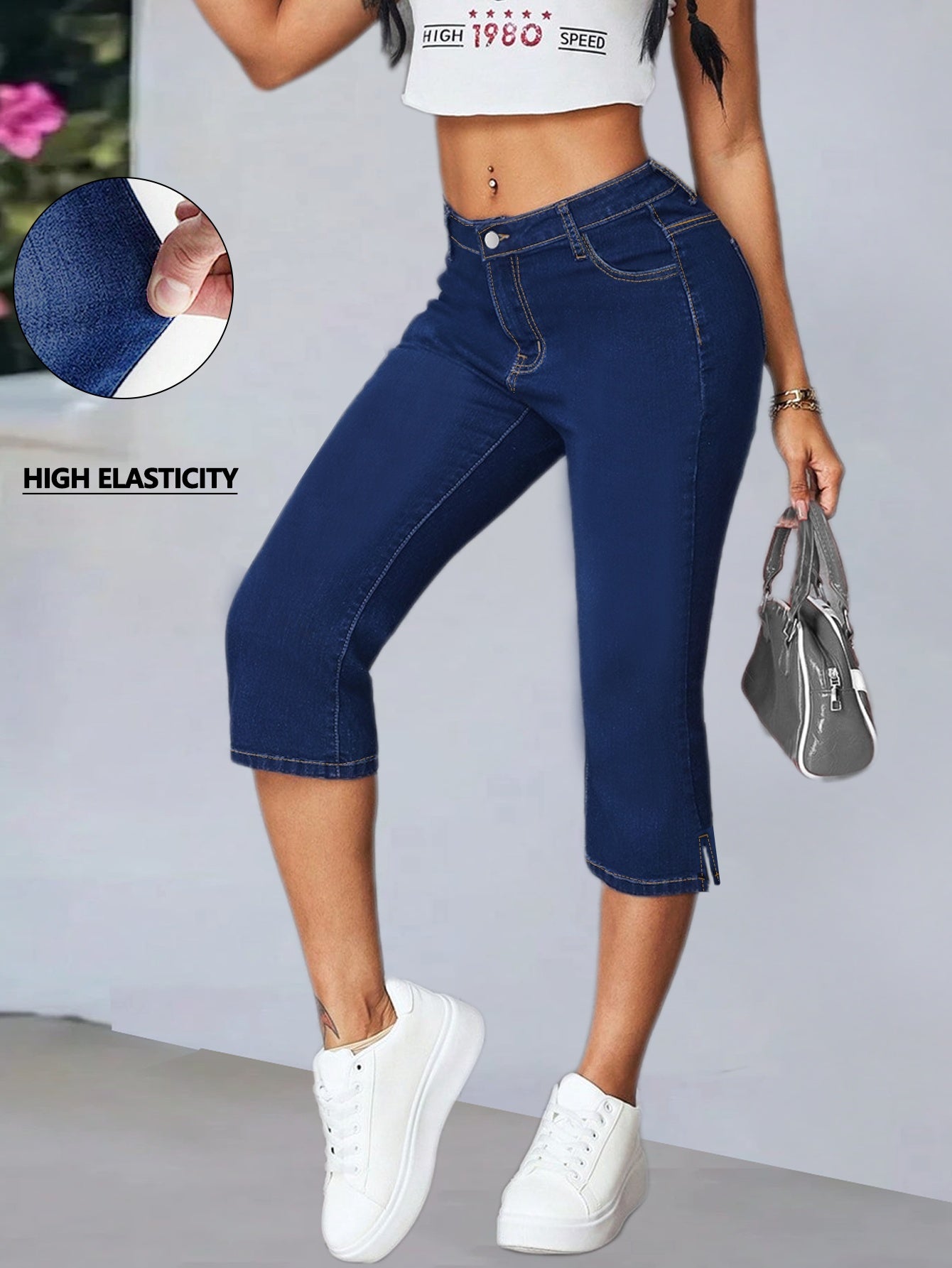 Women'S High-Waisted Mid-Rise Stretch Denim Capri Pants - Elegant Slim Fit with Button Closure, Ripped Detail, and Flared Hem, Light Blue, Spring/Summer Casual Wear, High Waisted Leggings, Spring Summer Apparel, Fashionforward Design
