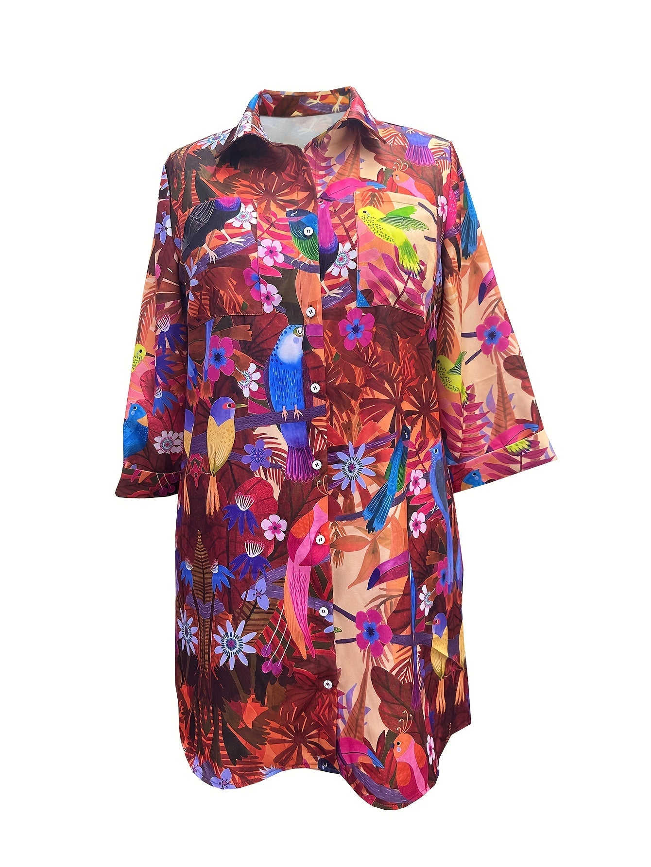 Plus Size Plant Print Button Front Loose Dress, Casual Collared Long Sleeve Dress For Spring & Fall, Women'S Plus Size Clothing
