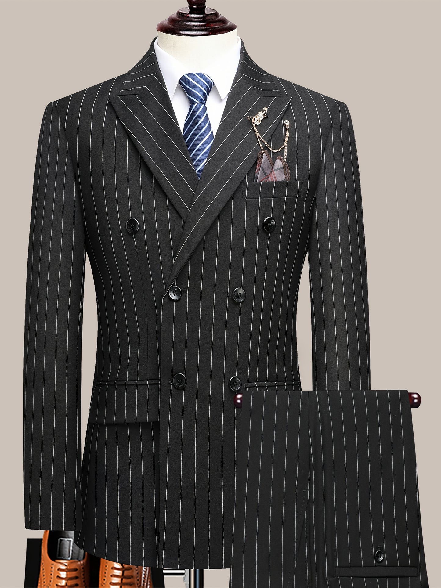 Latest Men's Suit Striped Double-Breasted Suit Spring/ Summer/ Autumn Thin Two-Piece Set with Frill Collar Striped Style Four Buttons Suit Business And Casual Dress Collar Necklace Decoration Slimming Dress Casual Suit White Suit