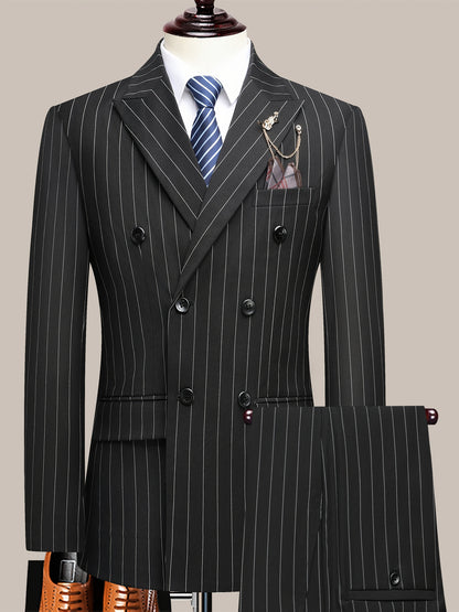 Latest Men's Suit Striped Double-Breasted Suit Spring/ Summer/ Autumn Thin Two-Piece Set with Frill Collar Striped Style Four Buttons Suit Business And Casual Dress Collar Necklace Decoration Slimming Dress Casual Suit White Suit