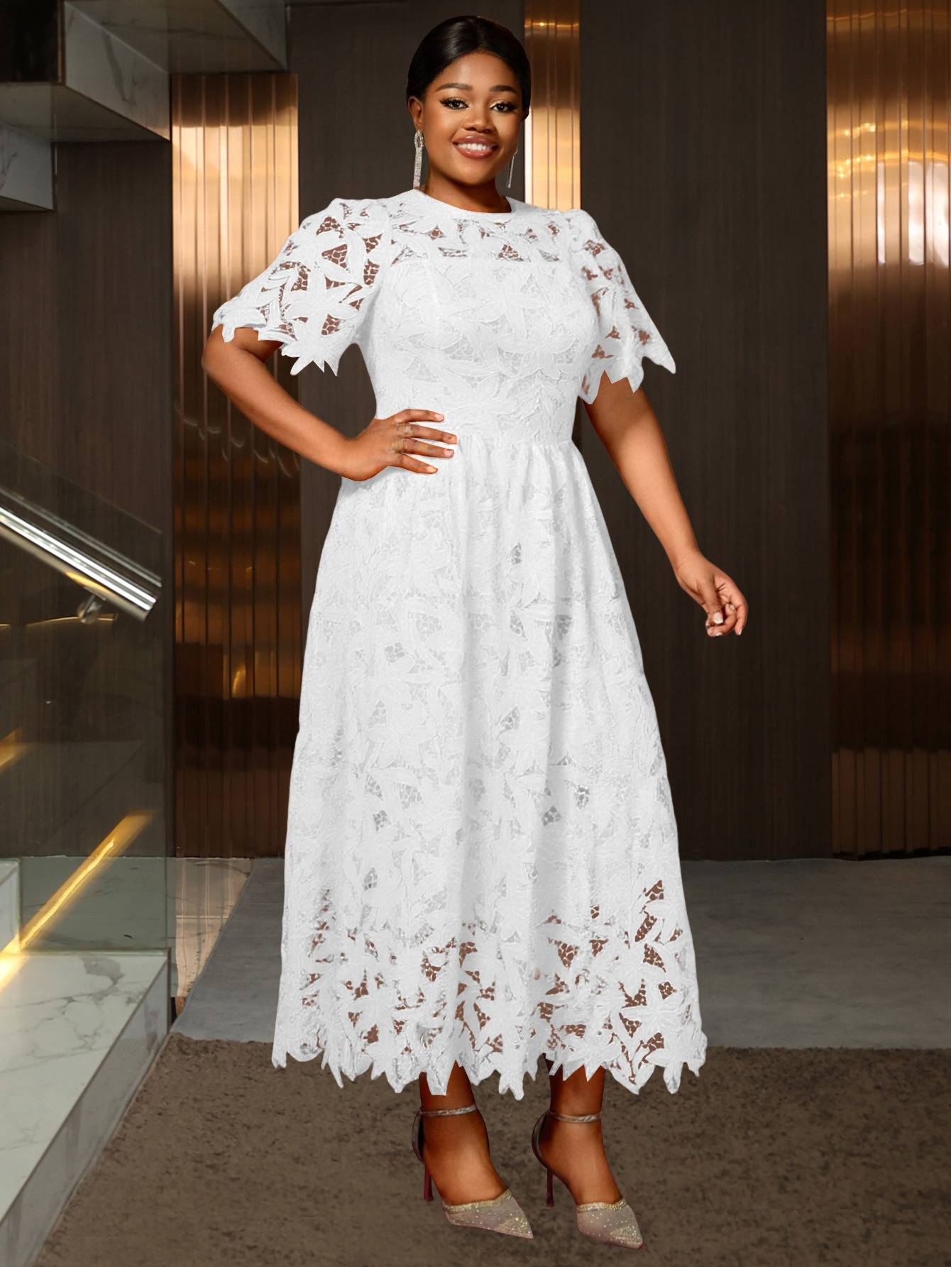Plus Size - Plus Size - Plus Size Round Neck Lace Dress, Elegant Midi Length with Waist Definition, Formal Banquet And Evening Gown