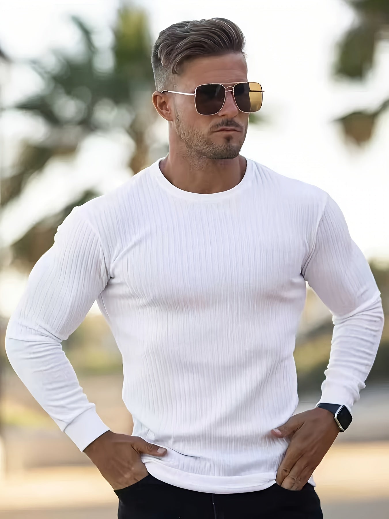 5pcs Men's Ribbed Long Sleeved T-shirt - Round Neck Casual Top Sports Shirt, High Elasticity, Spring And Autumn Regular Style, Daily Clothing, Elegant And Simple Style, Comfortable Fabric, Suitable for Outdoor Men's Gym, Running And Casual Wear