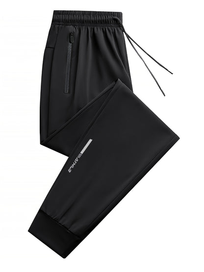 3pcs Men's Summer Solid Color Tapered Sports Pants, High Stretch Fiber, with Ribbed CuffDesign, Nylon 80%Spandex 20%, Reflective Stripe Design At The Hem Of Pants, Regular Fit with ZipperPockets, Breathable ComfortableRunningTraining LongTrousers