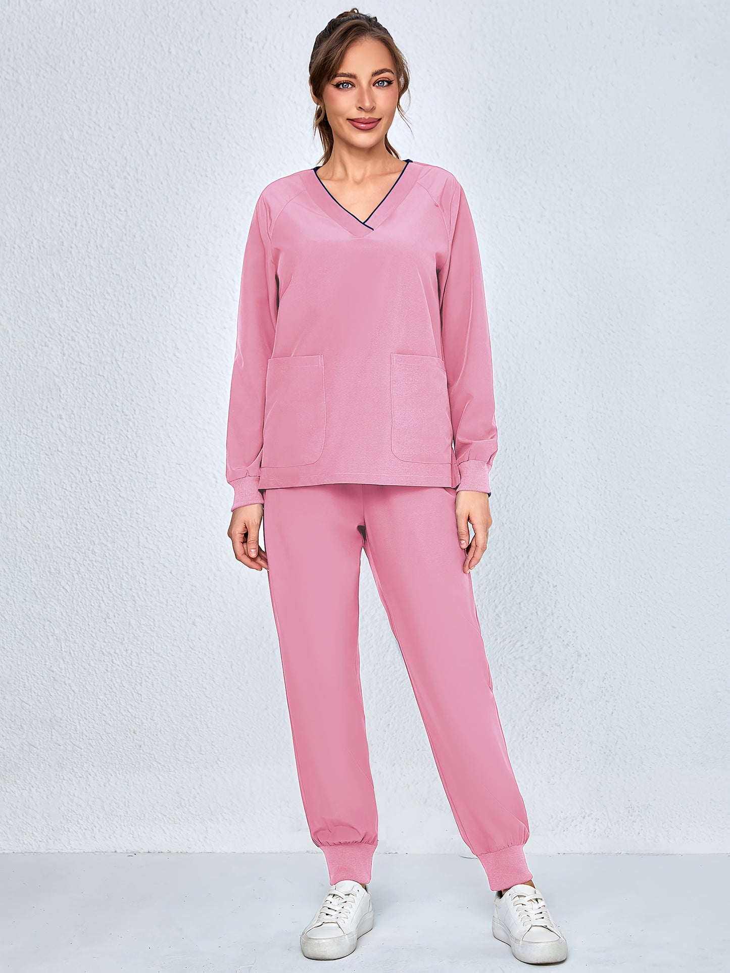 2pcs Women's V-Neck Matte Suit with Long Sleeve Stretch S Uniform Work Clothes Washable Pockets Breathable Elastic Top And Waist Cord Pocket Pants Set
