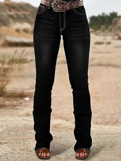 High-Waisted Bell-Bottom Jeans with a Black Irregular Pattern Embroidery on The Back Pocket, Featuring a Heavy Industry Contrast Color Wash, Cat Beard Design, And a Mature Retro Style Suitable for All Seasons