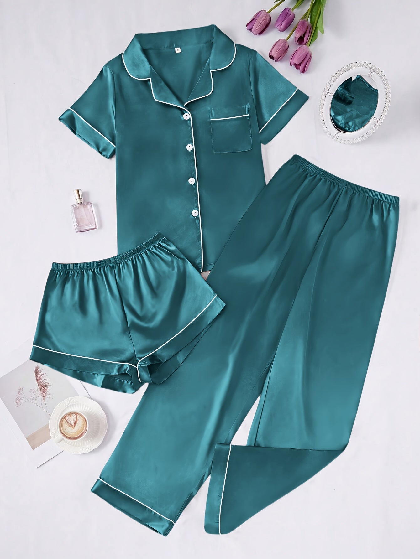 Solid Color Women'S Simple And Comfortable 3pcs Pajama Set, Includes 3pcss: Collared Short-Sleeve Top & Elastic Waist Shorts & Elastic Waist Long Pants Women'S Pajama Set