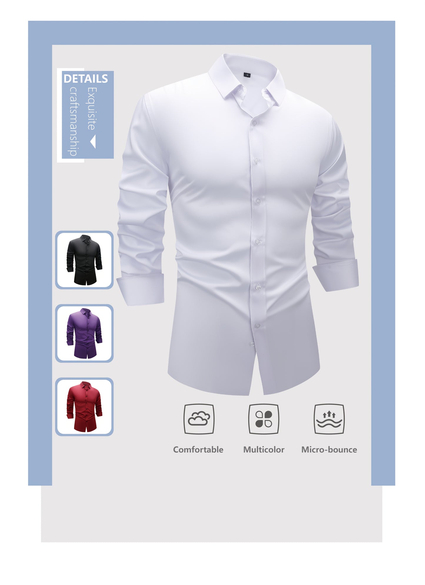 Men's Slim Fit Muscle Shirt - Stretch Polyester Blend Long Sleeve for Body Contouring | Glossy Solid Color Workout & Casual Shirt | Spring/Fall Gym-to-Street Wear (Hand Wash)