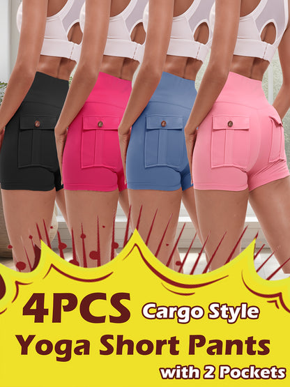 2026 High Stretch Elastic Waist Cargo Shorts Women's Shaping Hip Lifting Quick-Drying Fitness Pants with 2 Pockets 4pcs 2pcs Solid Color Yoga Short Pants Set Game Day Fan Gear for Soccer All Fans
