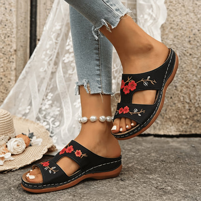 Women's Rose Embroidery Wedge Slide Sandals • Thick Sole Comfortable Casual Summer Outdoor Walking Sandals • Women Shoes for Daily Wear