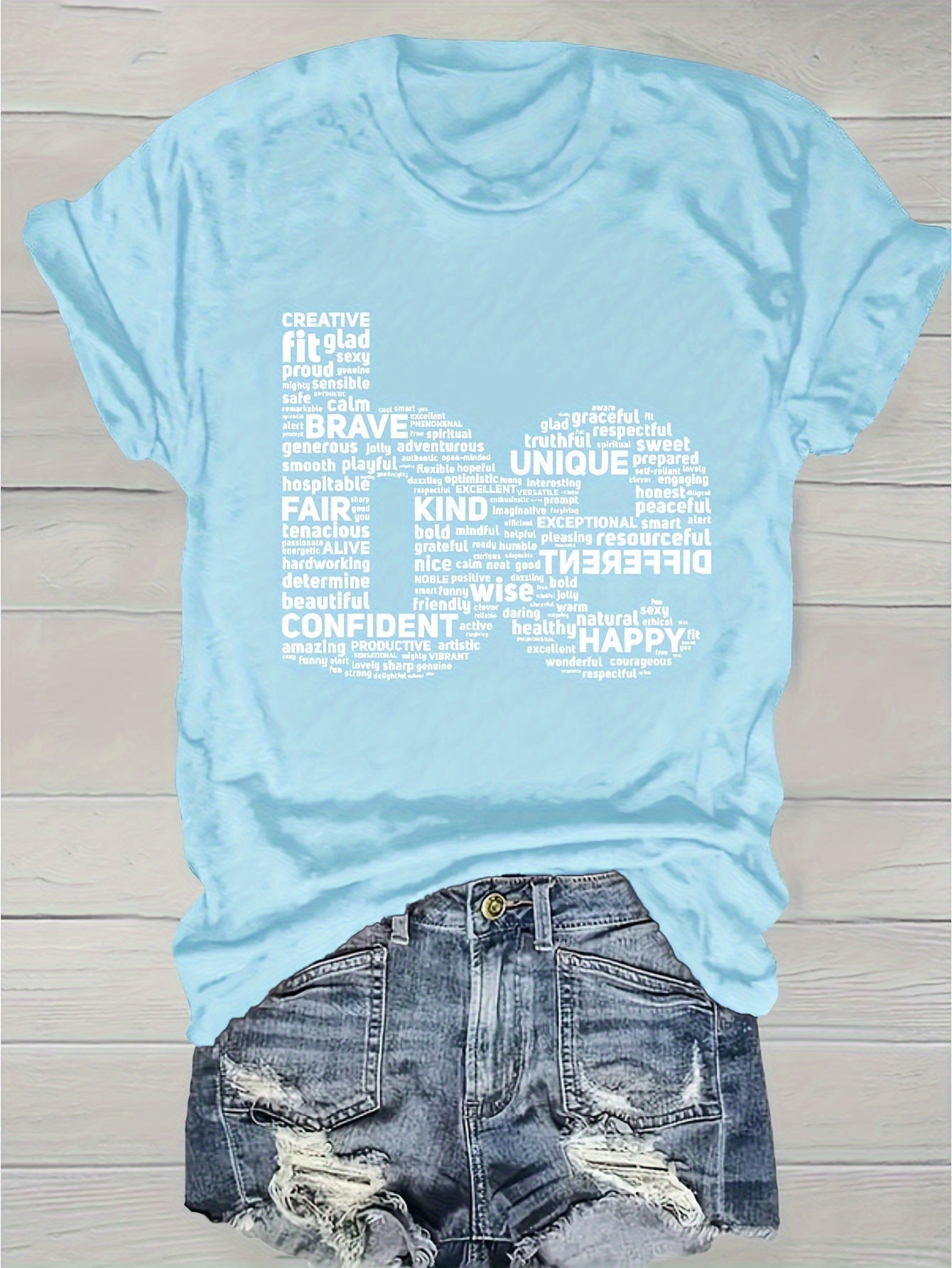 Women's Inspirational Word Cloud Print T-Shirt - Soft Breathable Round Neck Short Sleeve, Light Grey with Positive Affirmations, Medium Stretch Casual Top for Spring Summer Daily & Party Wear, Machine Washable