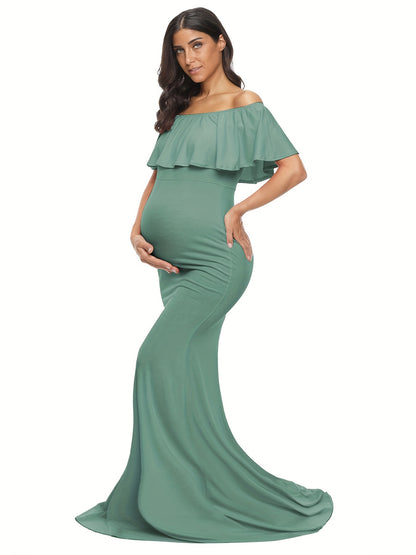Womens Off Shoulder Maternity Dress Ruffles Elegant Slim Gowns Fit Maxi Photography Dress