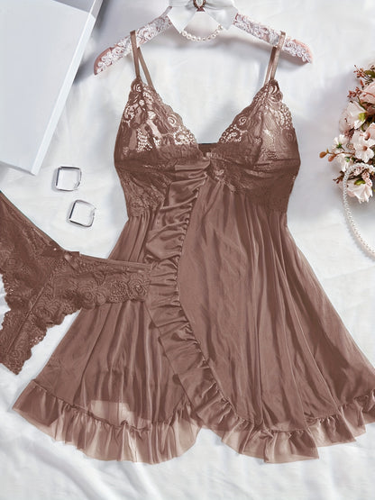 Big Size Sultry Valentine Lace Sleepwear Dress Set - Exquisite Lace, Flattering V-Neckline, Daring Backless Design, Delicate Ruffle Trim, Trendy Split Hem, Seductive Thong Detail, Ultra-Comfortable Fabric, Perfect for Romantic Night, Anniversary Gift