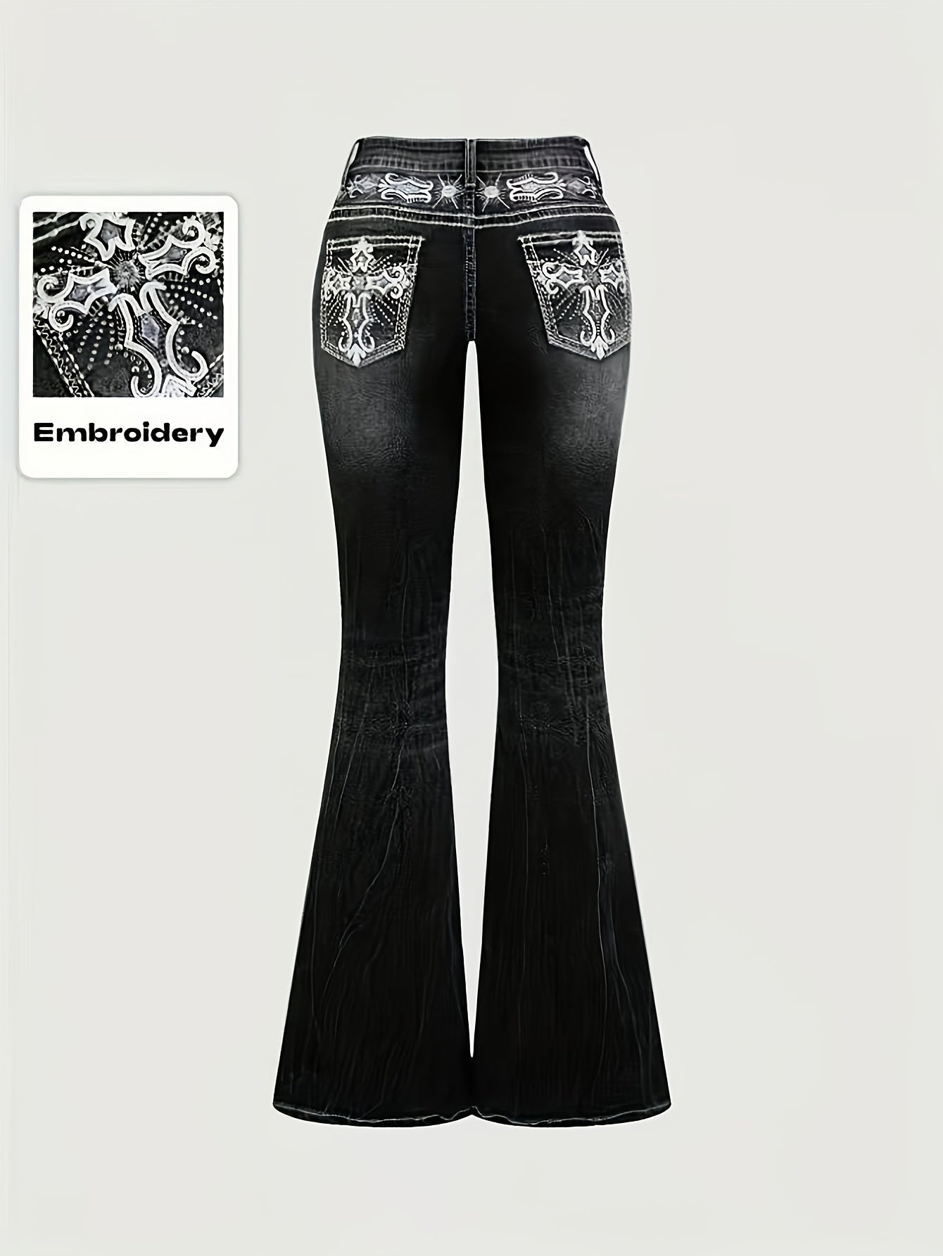 Women'S Vintage Stretch Flare Jeans - Cross Embroidery & Belt Loop Detailing, Slim Fit Elegant Denim for All-Season Wear