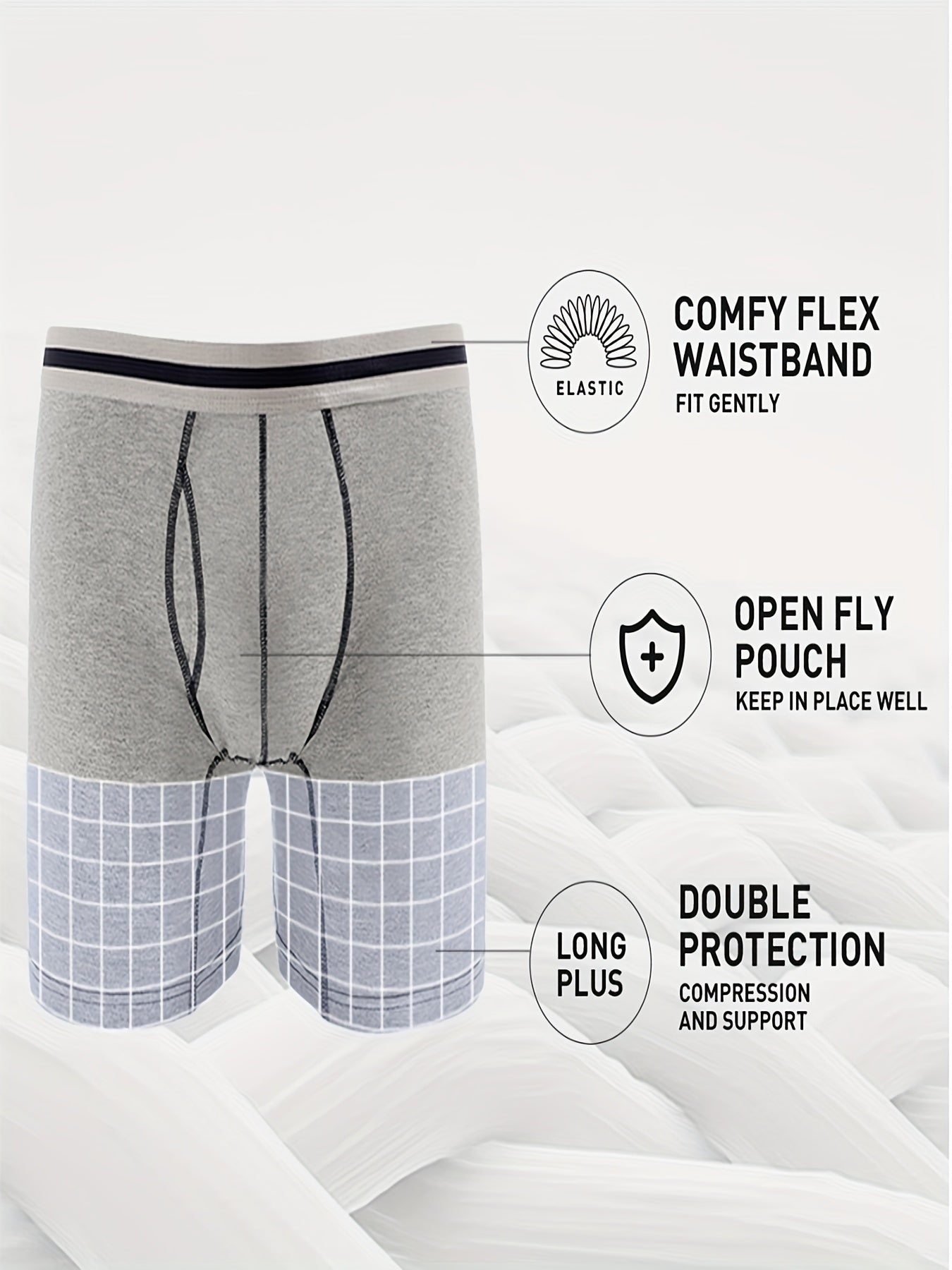 4pcs Men's Long Leg Cotton Underwear Total Support Pouch Boxer Briefs with Open Fly Pouch, Men's Cycling Sports Wear Bottoms, Moisture Wicking & Breathable Slimming Shapewear Body Shape for Men