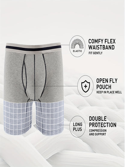 4pcs Men's Long Leg Cotton Underwear Total Support Pouch Boxer Briefs with Open Fly Pouch, Men's Cycling Sports Wear Bottoms, Moisture Wicking & Breathable Slimming Shapewear Body Shape for Men