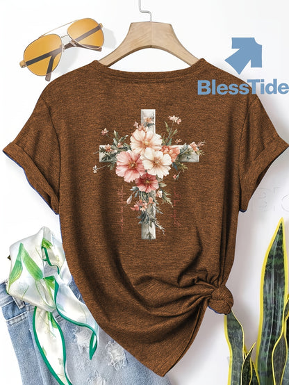 Jesus Floral Cross Double-Sided Print T-shirt - Stylish Faith-Inspired Design for Casual Wear, Perfect for Christian Women, Trendy and Comfortable -blend T-shirt with Double-sided Print