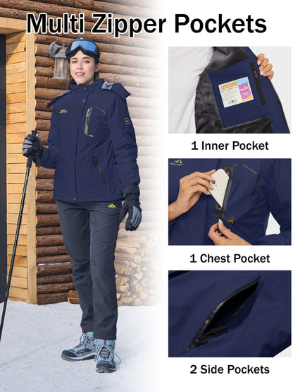 Winter Jacket for Women - Women's Ski Snowboard Jacket Thermal Fleece High Quality Insulated Snow Jacket Casual Work Jacket Outdoor Sports Coat Windbreaker Parka 4 Pockets Camping Snow Jacket Windproof Hood Warm Winter Hiking Fleece Lined Jacket