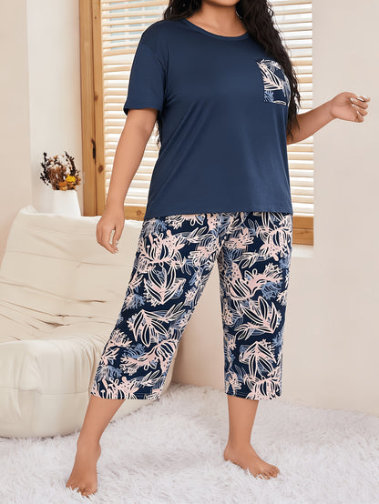 6pcs Plus Size Soft Pajamas for Women, Classic Solid Tops with Floral Pocket & Botanical Print Pants, Lightweight Cozy Sleepwear for Middle-Aged & Senior Citizens, Perfect for Daily Relaxation