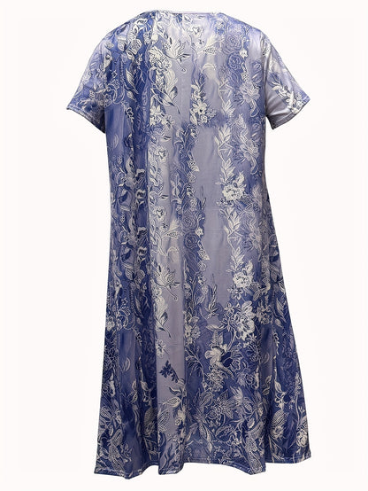 Plus Size Flower Print Midi Dress with Lace Neck and Short Sleeve