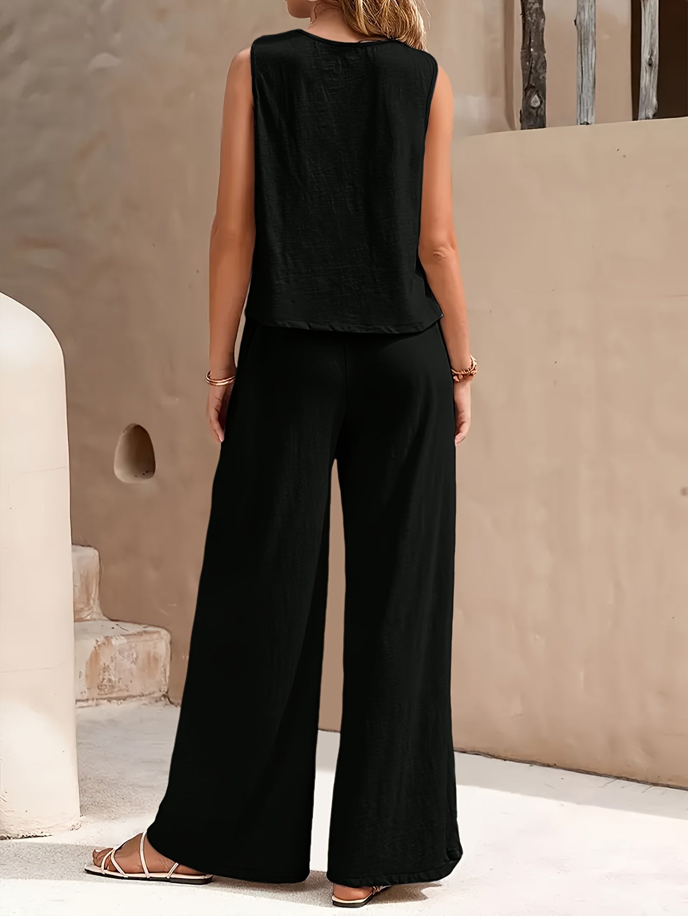 Popular! Women's Sleeveless Crop Top And Wide-Leg Pants Set, Breathable Fabric, Versatile for Vacation And Daily Outfit, Casual Summer Outfit