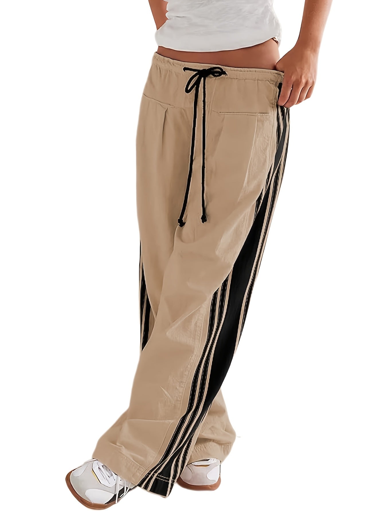 Women's Wide Leg Pants Drawstring High Rise Side Striped Slouchy Palazzo Pants with Pockets