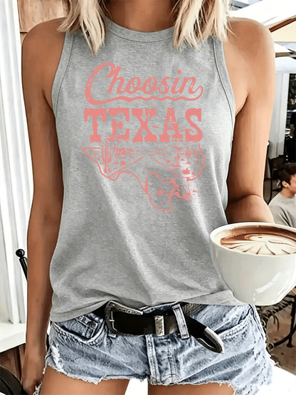 Women's Casual Sleeveless Tank Top with Texas Outline Design, Loose Breathable Opaque Fabric, Backless Round-Neck Lightweight T-Shirt, Machine Washable, for Women, Spring/Summer Outdoor Fashionable Shirt