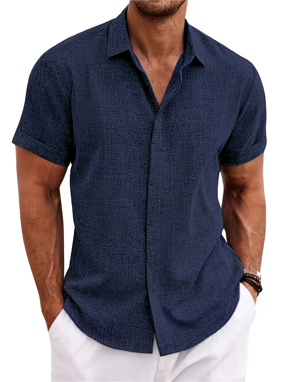 Men's Solid Color Shirt - Collared Short Sleeve 001061