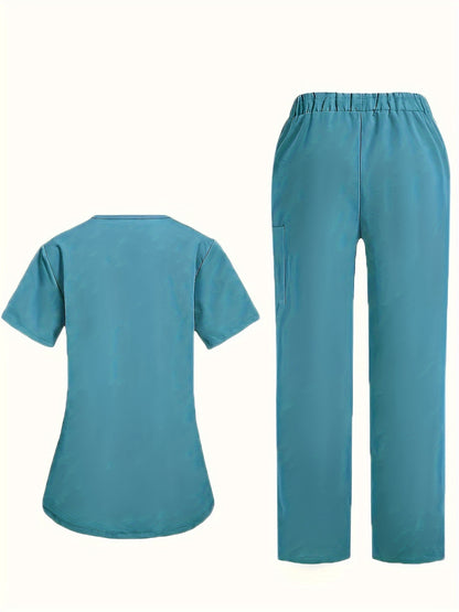 Fashion Casual V-neck Women's Work Clothes Care Comfortable Sweat-absorbing Brush Clothes Set, Fashion Short-sleeved Beauty Salon Medical Wash Clothes Work Clothes