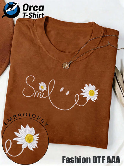 Local Delivery - Autumn Comfort Unisex T-Shirt, Smile Daisy Embroidery Print Short Sleeve T-Shirt, Thanksgiving and Christmas Gift, Holiday Celebration Apparel, Machine Washable, Women's Short Sleeve, Men's Short Sleeve, Fun and Comfortable Style